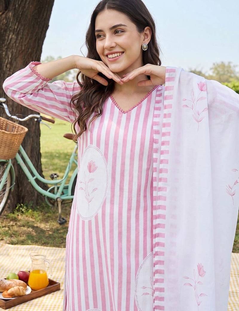 Women Striped Regular Linen Kurta with Trousers & With Dupatta