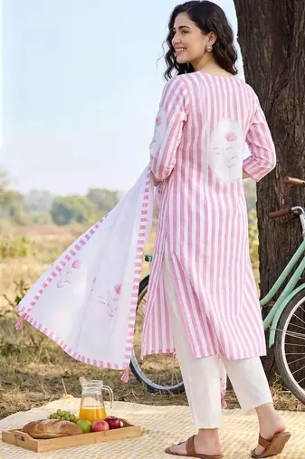 Women Striped Regular Linen Kurta with Trousers & With Dupatta