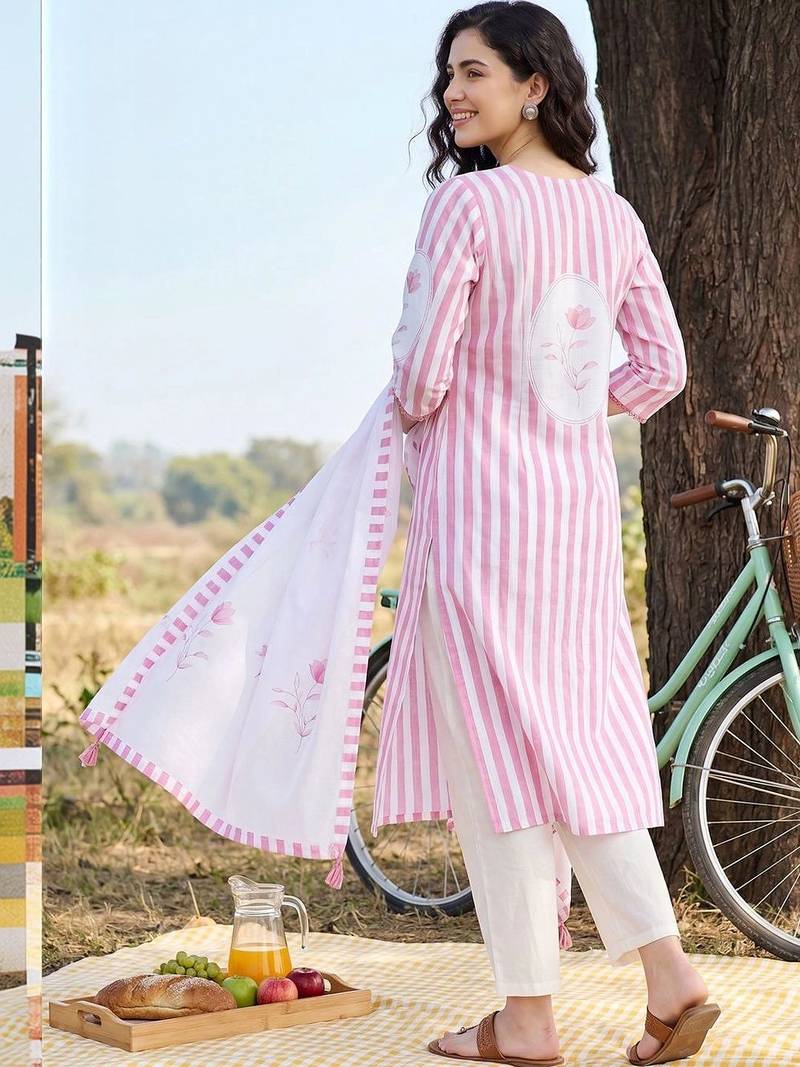Women Striped Regular Linen Kurta with Trousers & With Dupatta