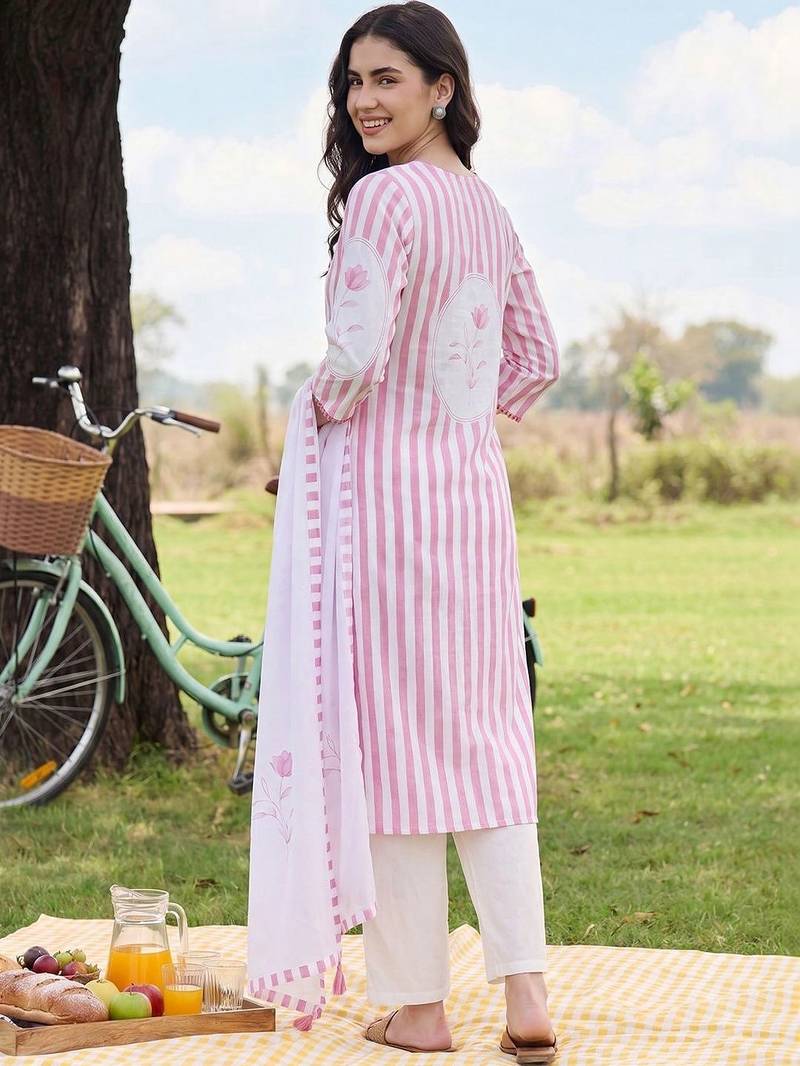 Women Striped Regular Linen Kurta with Trousers & With Dupatta