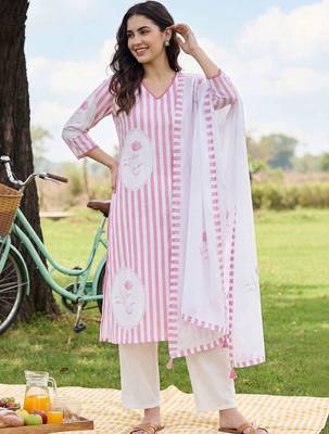 Women Striped Regular Linen Kurta with Trousers & With Dupatta 6