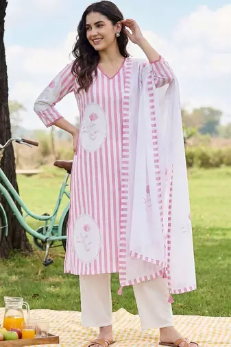 Women Striped Regular Linen Kurta with Trousers & With Dupatta