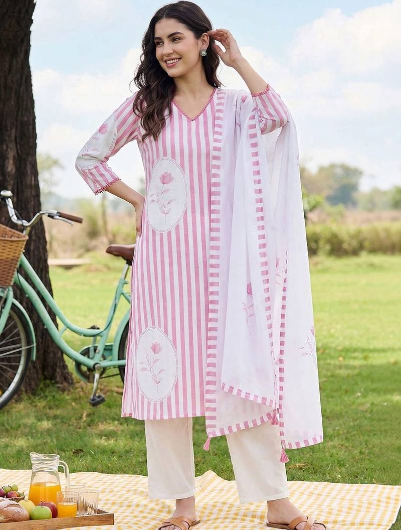 Women Striped Regular Linen Kurta with Trousers & With Dupatta
