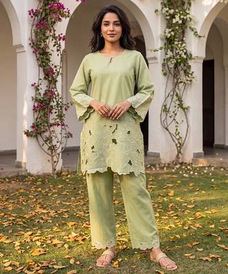 Women's green embellished silk blend round neck co-ord set 1