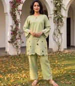 Women's green embellished silk blend round neck co-ord set