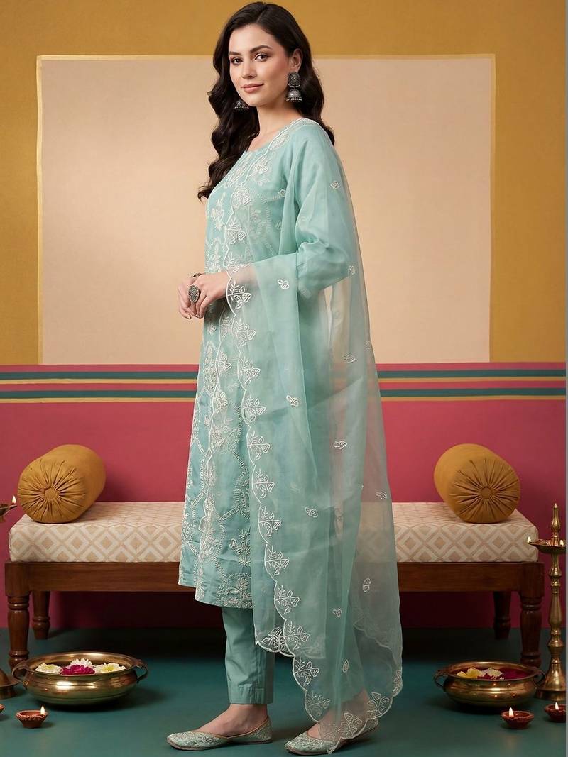 Women Ethnic Motifs Embroidered Regular Thread Work Kurta with Trousers & With Dupatta