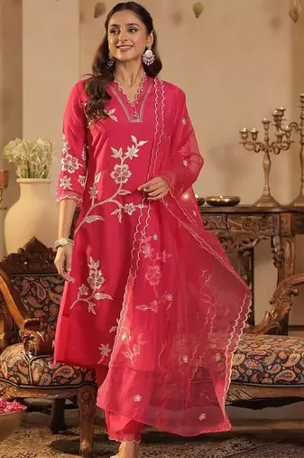 Women Floral Embroidered Regular Thread Work Kurta with Trousers & With Dupatta