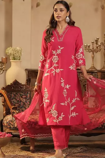 Women Floral Embroidered Regular Thread Work Kurta with Trousers & With Dupatta