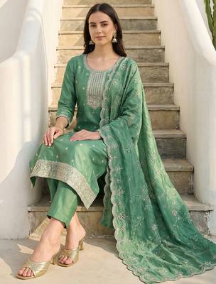 Women Ethnic Motifs Embroidered Regular Thread Work Kurta with Trousers & With Dupatta 1