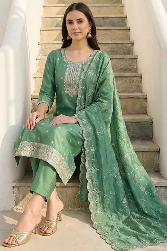 Women Ethnic Motifs Embroidered Regular Thread Work Kurta with Trousers & With Dupatta