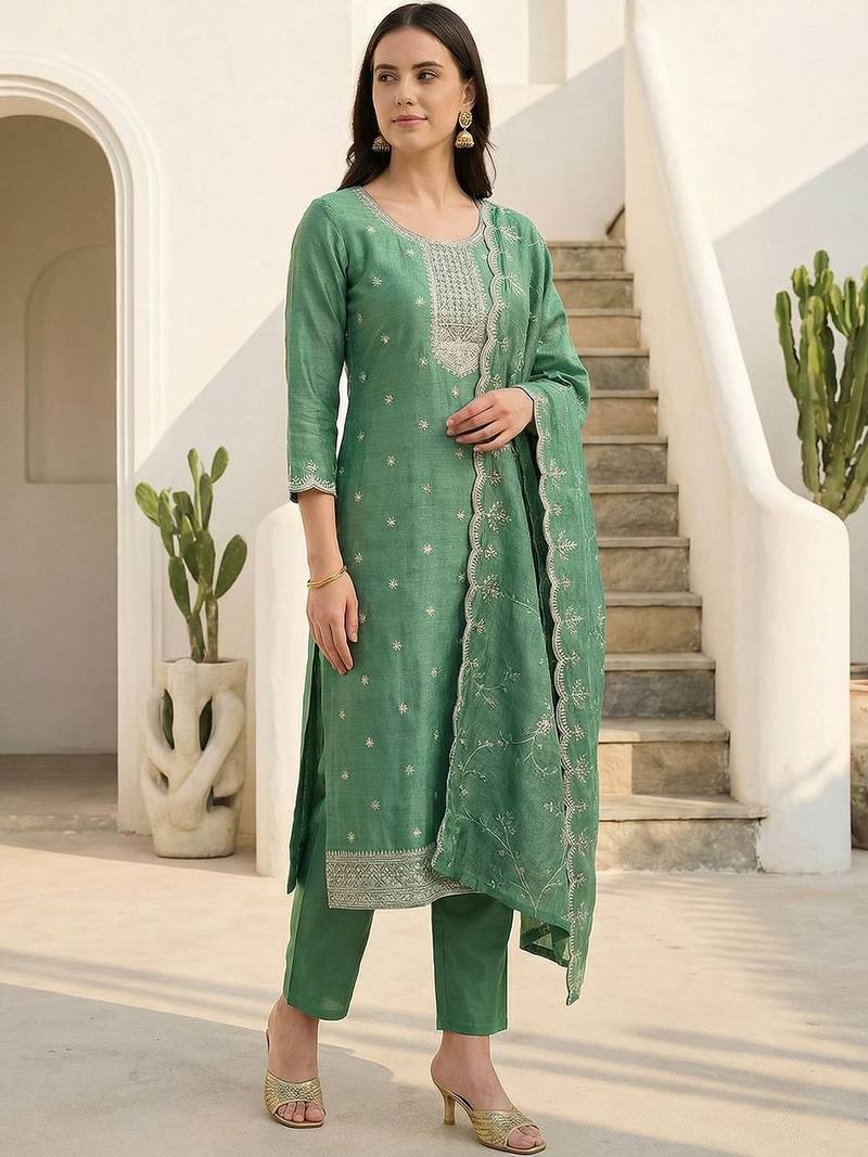Women Ethnic Motifs Embroidered Regular Thread Work Kurta with Trousers & With Dupatta