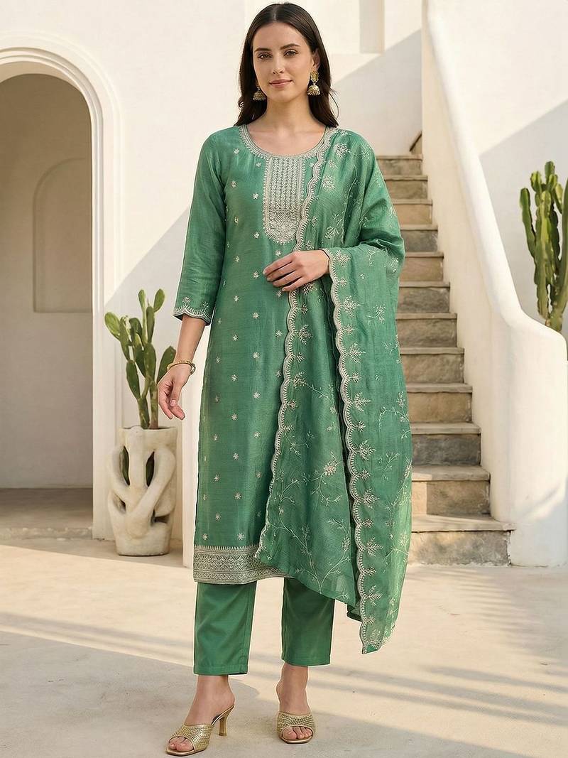 Women Ethnic Motifs Embroidered Regular Thread Work Kurta with Trousers & With Dupatta