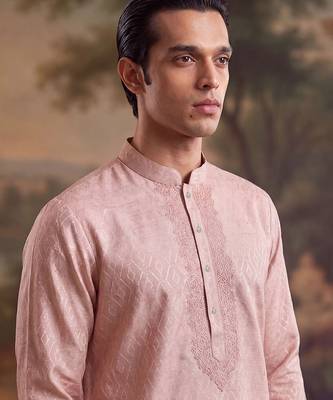 Mens peach linen geometric embroidered kurta 1