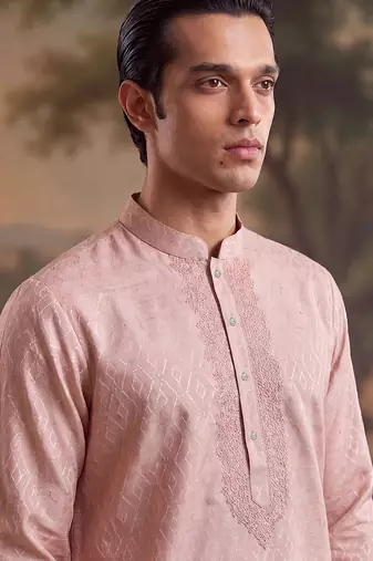 Mens peach linen geometric embroidered kurta
