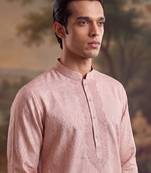 Mens peach linen geometric embroidered kurta