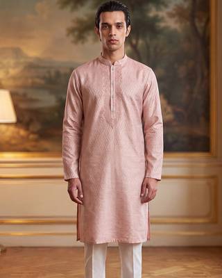 Mens peach linen geometric embroidered kurta 2
