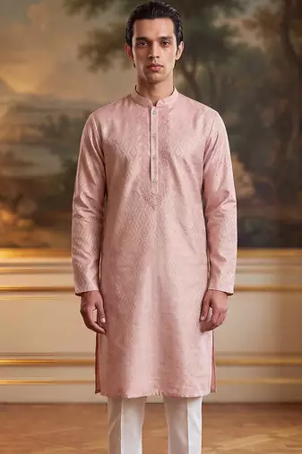 Mens peach linen geometric embroidered kurta