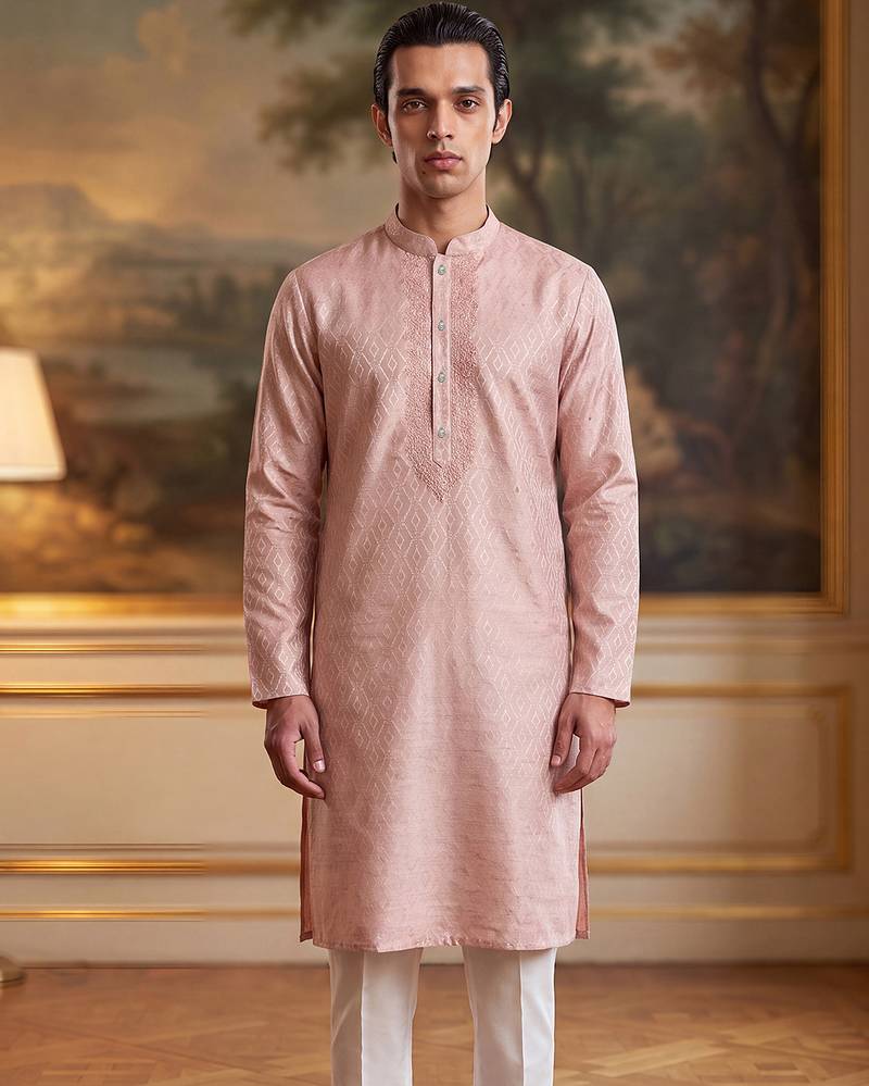 Mens peach linen geometric embroidered kurta