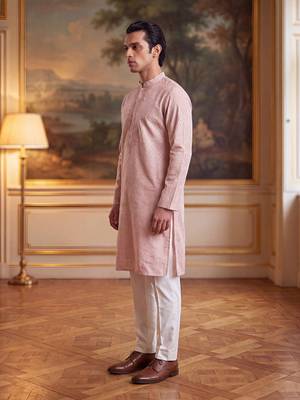 Mens peach linen geometric embroidered kurta 3