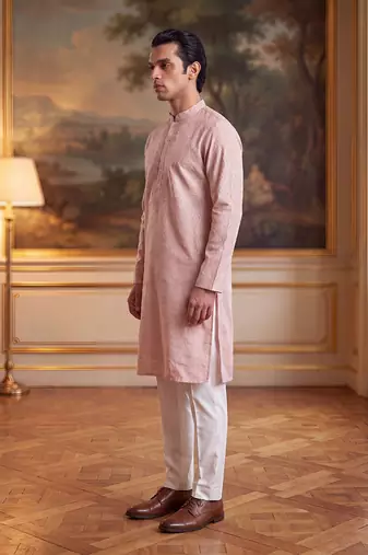 Mens peach linen geometric embroidered kurta