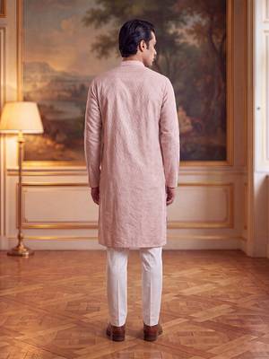 Mens peach linen geometric embroidered kurta 4