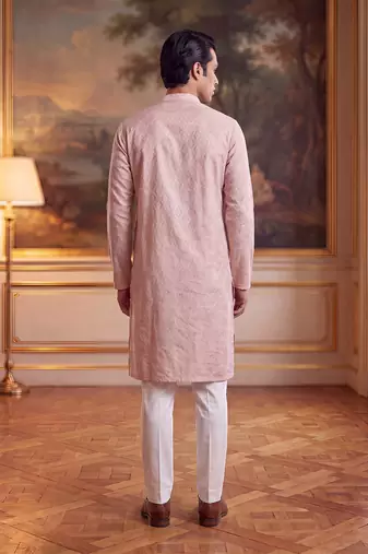 Mens peach linen geometric embroidered kurta