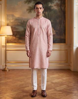 Mens peach linen geometric embroidered kurta 5