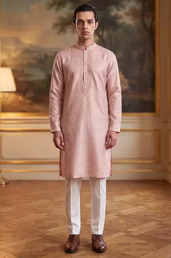 Mens peach linen geometric embroidered kurta