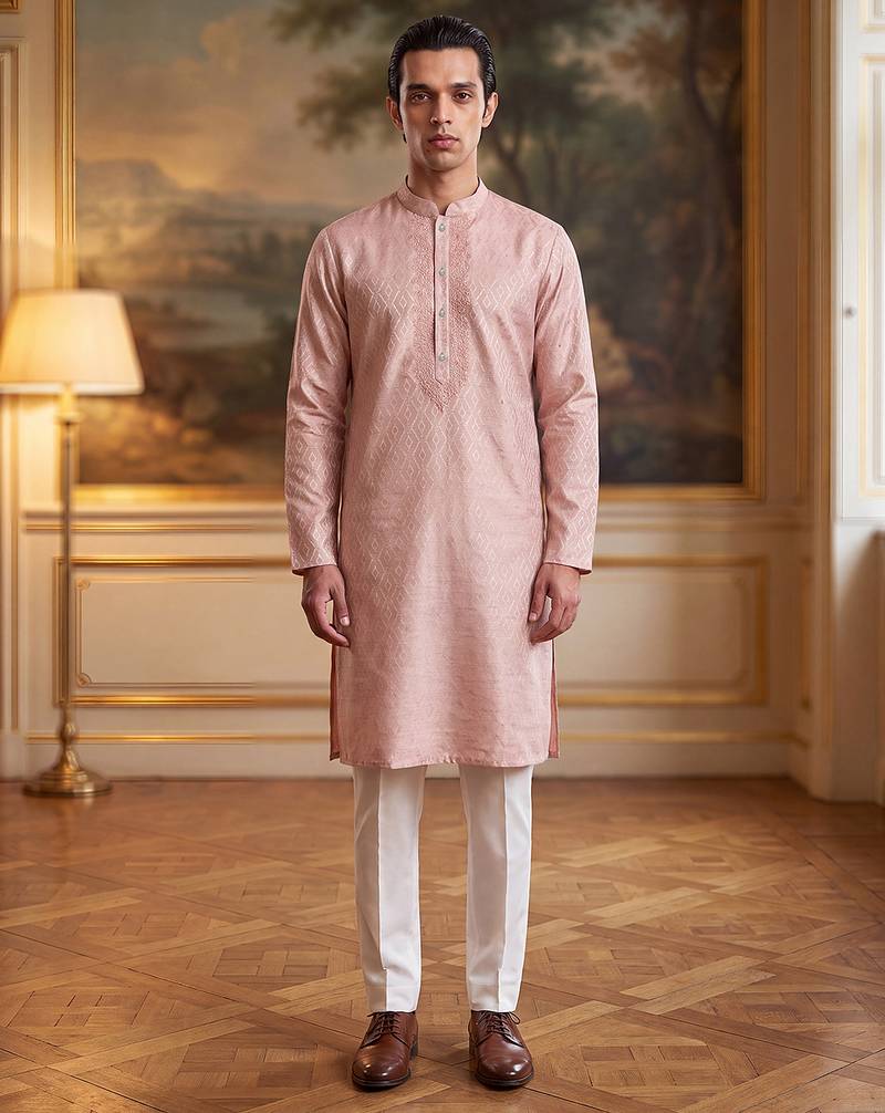Mens peach linen geometric embroidered kurta