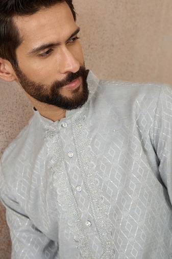 Mens blue linen self design embroidered kurta