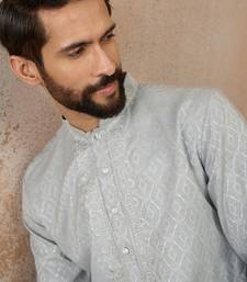 Mens blue linen self design embroidered kurta