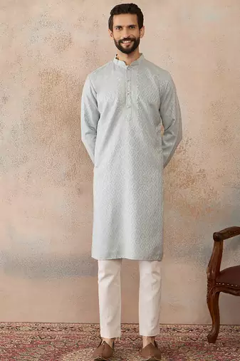 Mens blue linen self design embroidered kurta
