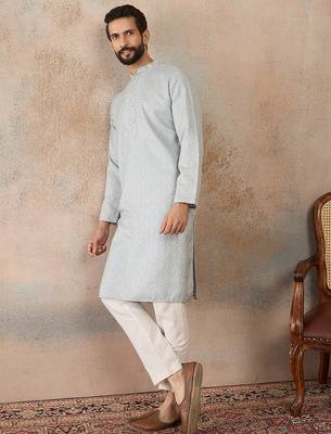 Mens blue linen self design embroidered kurta 3