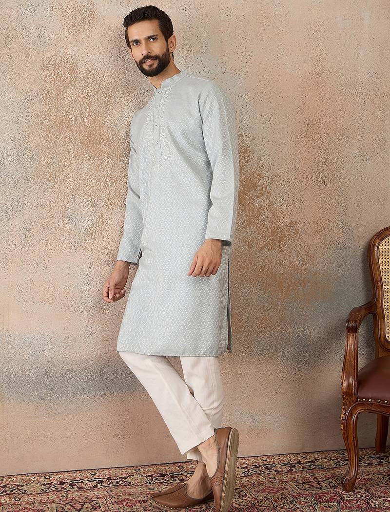 Mens blue linen self design embroidered kurta
