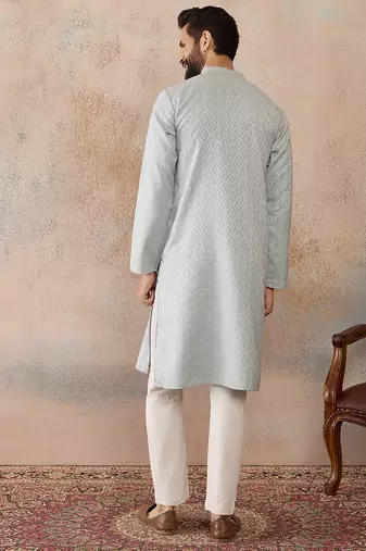 Mens blue linen self design embroidered kurta