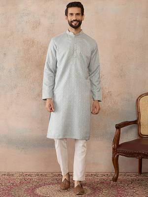 Mens blue linen self design embroidered kurta 5