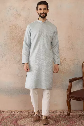 Mens blue linen self design embroidered kurta