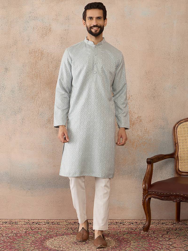 Mens blue linen self design embroidered kurta