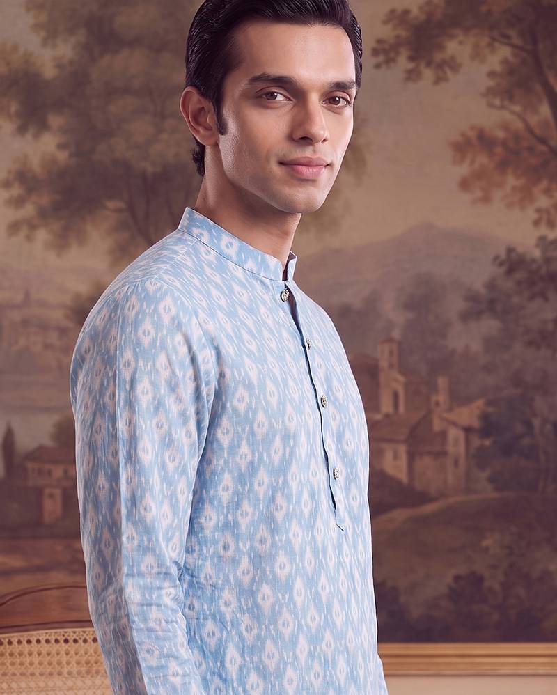Mens blue linen ikkat print regular kurta