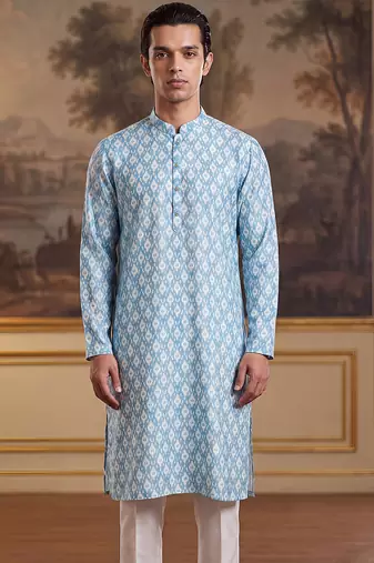 Mens blue linen ikkat print regular kurta