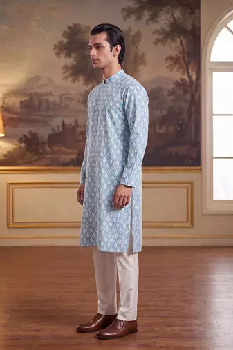 Mens blue linen ikkat print regular kurta