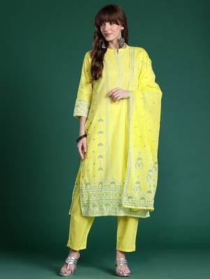 Ethnic Motifs Printed Beads & Stones Pure Cotton Kurta Set 1