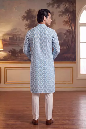 Mens blue linen ikkat print regular kurta