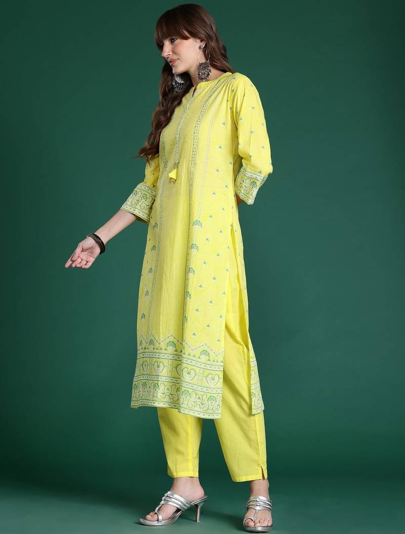 Ethnic Motifs Printed Beads & Stones Pure Cotton Kurta Set