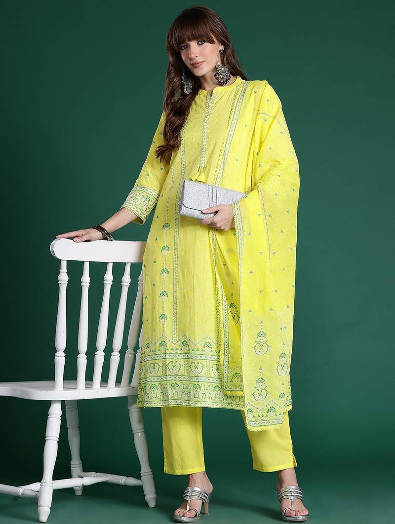 Ethnic Motifs Printed Beads & Stones Pure Cotton Kurta Set