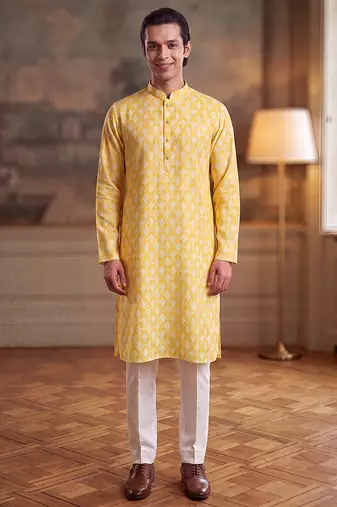 Mens yellow linen ikkat print regular kurta