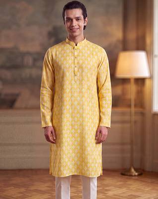 Mens yellow linen ikkat print regular kurta 2
