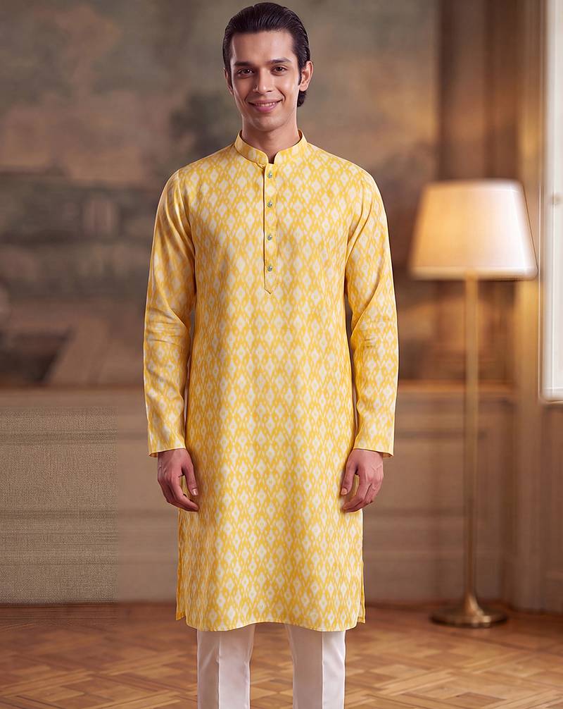 Mens yellow linen ikkat print regular kurta