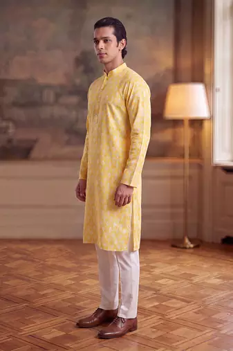 Mens yellow linen ikkat print regular kurta