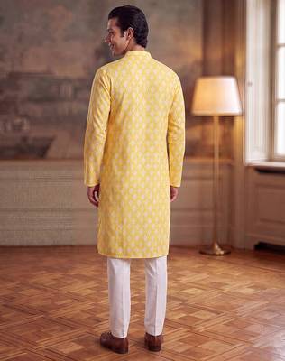 Mens yellow linen ikkat print regular kurta 4